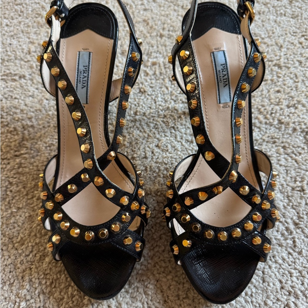 Prada patent leather studded accent slingback sandals